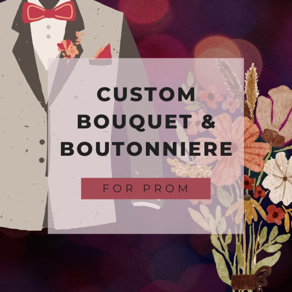 Prom tuxedo graphic with floral boutonniere and bouquet text