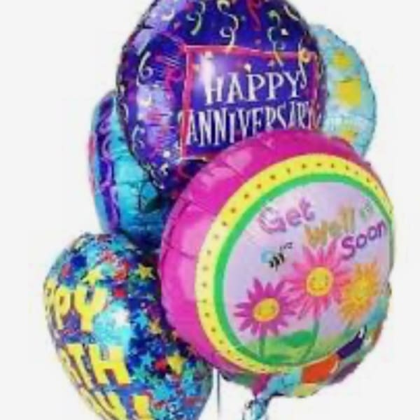 Cluster of colorful anniversary and get well balloons