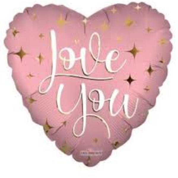 Pink heart-shaped balloon with the words "Love You"