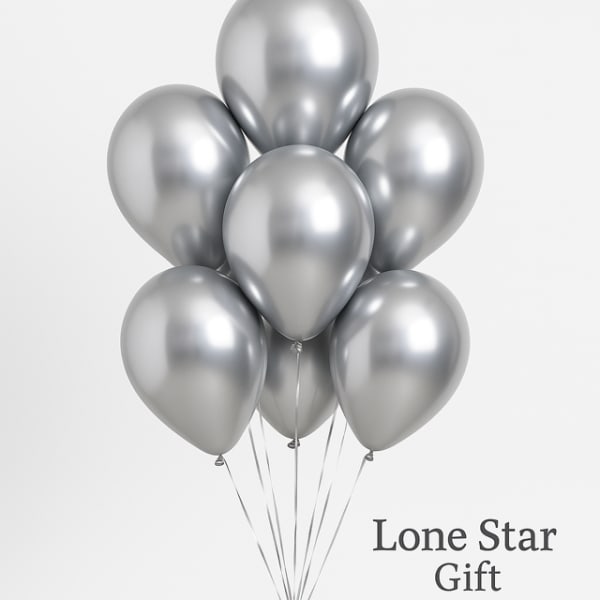 Cluster of metallic silver balloons with strings attached