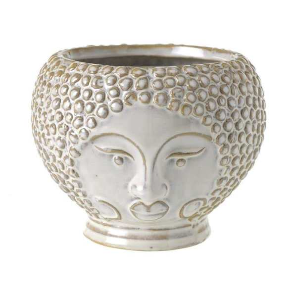 Decorative ceramic planter with a sculpted face and textured surface