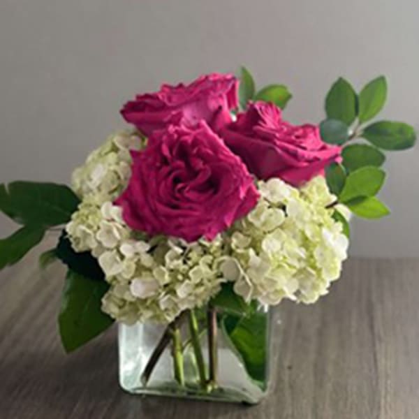 Pink roses with white hydrangeas in a clear glass vase