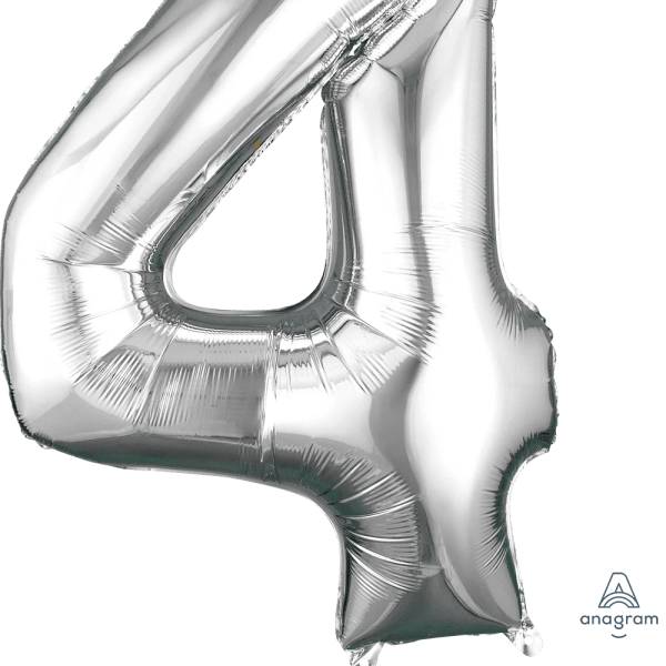 Silver foil balloon shaped like the number 4