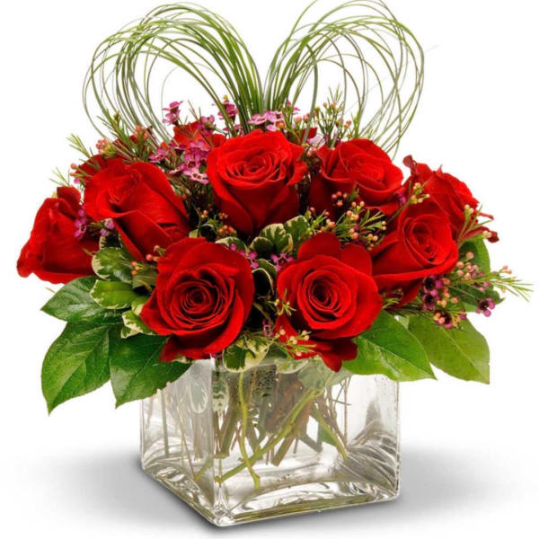 Red roses arranged in a clear square glass vase