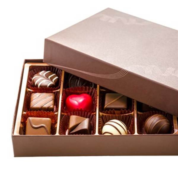 Box of assorted chocolates in a brown gift box