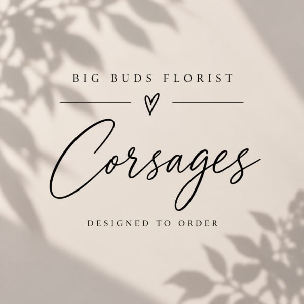 Text reading "Corsages" on a neutral background with leaf shadows