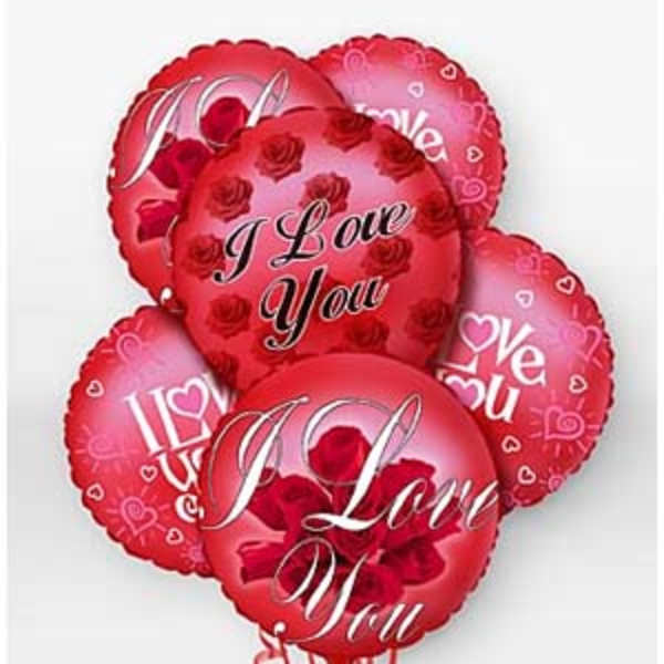 Cluster of red heart-shaped balloons with "I Love You" text