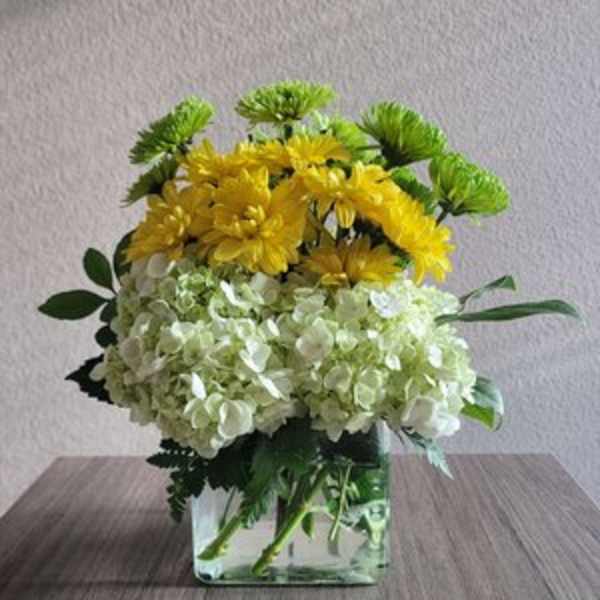 Yellow and pale green flowers arranged in a clear square vase