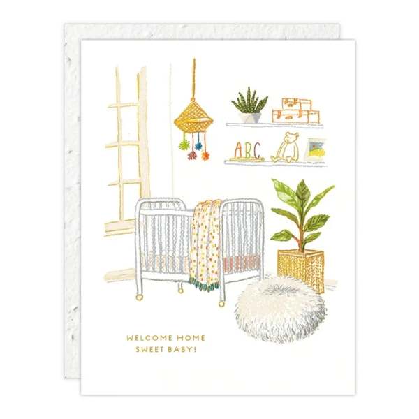 Baby shower card with a nursery scene and "Welcome Home Sweet Baby!" text