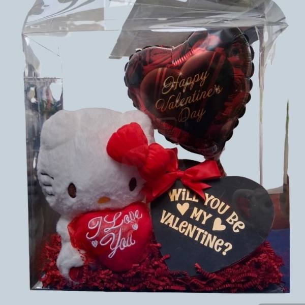 Hello Kitty plush with Valentine heart balloons in a clear gift box