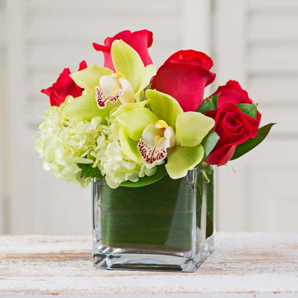 Red roses and pale green orchids in a glass vase