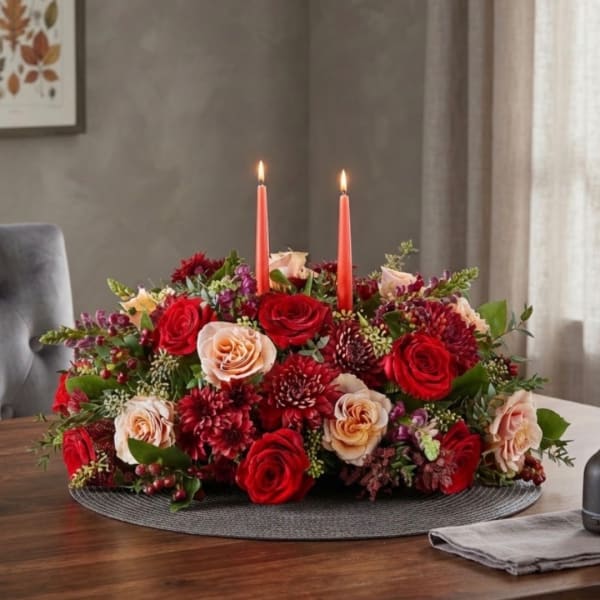 Low floral centerpiece with red and blush roses and two lit taper candles