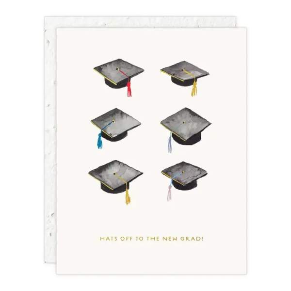 Graduation card with six mortarboards and the text 'Hats off to the new grad!'