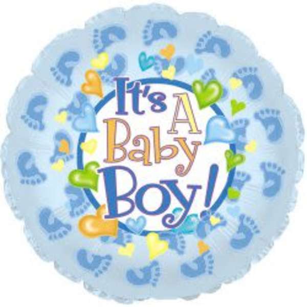 Round baby shower balloon with footprints and "It's A Baby Boy!" text