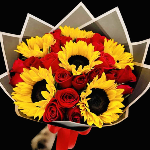 Wrapped roses and sunflowers
