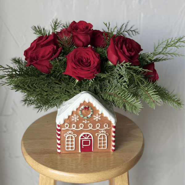 Ceramic Gingerbread Winter House Rose Arrangement