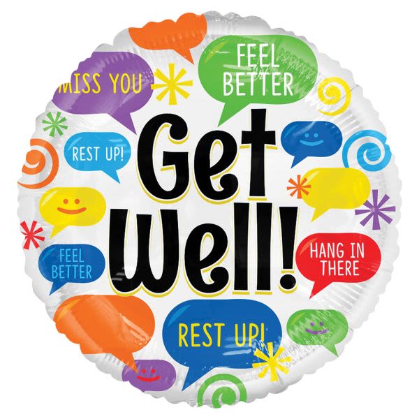 Round foil balloon with colorful speech bubbles and the words "Get Well!"