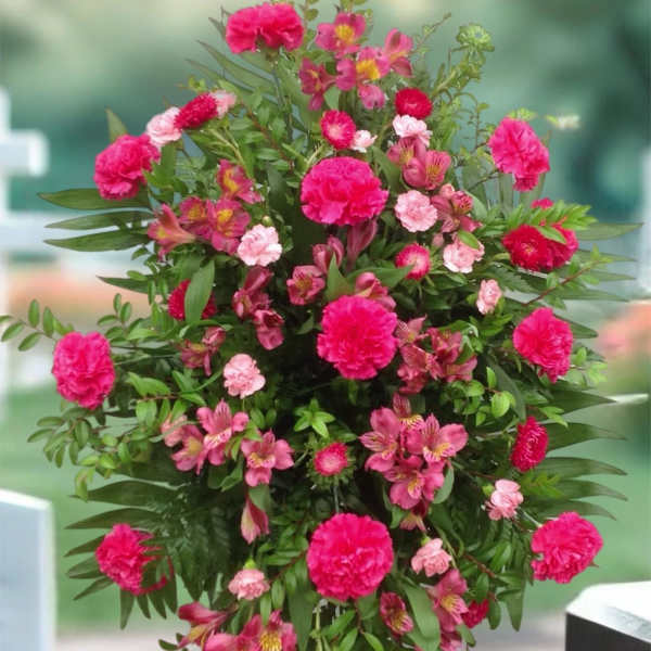Standing floral spray with bright pink carnations and alstroemeria
