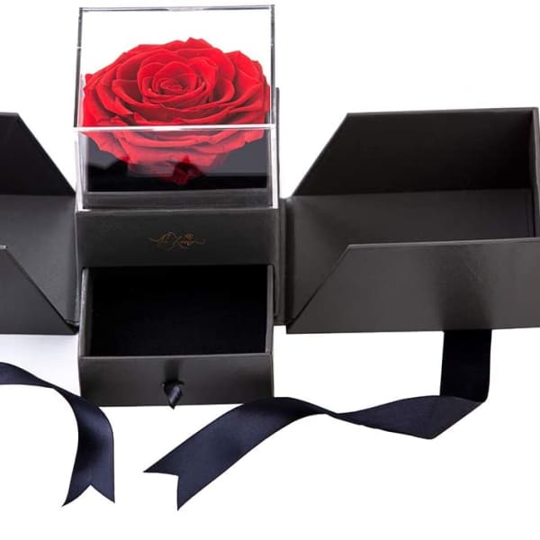 Red rose in a clear display box with black gift boxes and ribbon