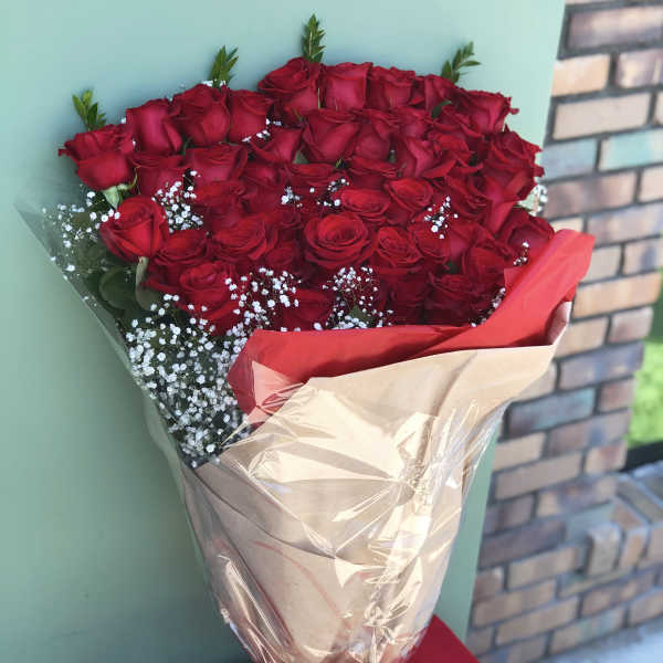Bouquet of red roses with white baby's breath in brown and red wrapping