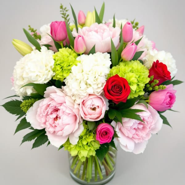 Bouquet of pink and white flowers with red roses in a glass vase