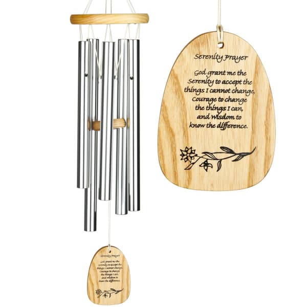 Wooden Serenity Prayer plaque with hanging metal wind chimes