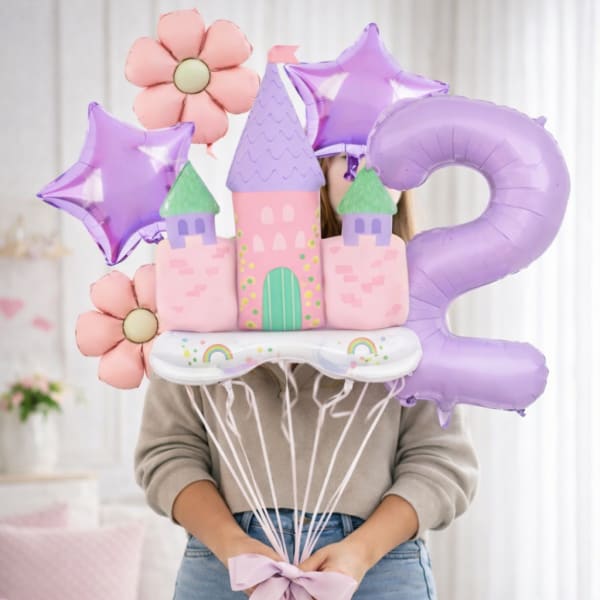 Pastel balloon bouquet with a castle, stars, flowers, and a large number 2
