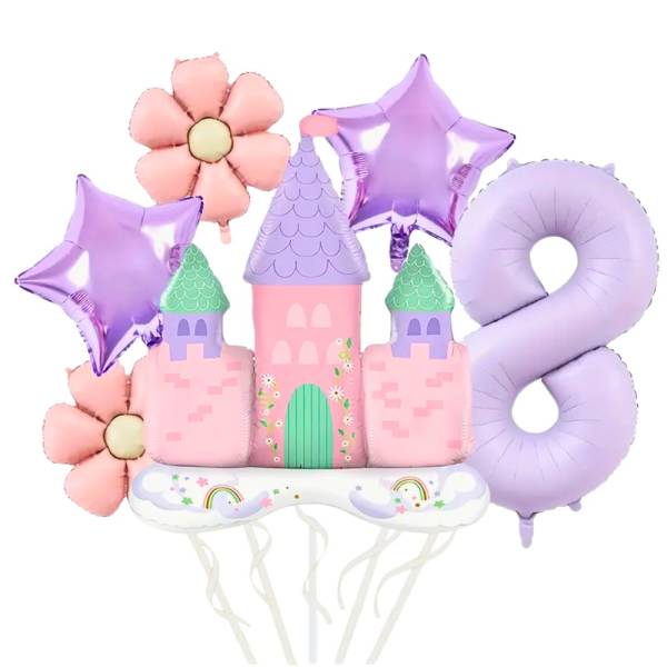 Pastel castle and flower balloons with a large number 8