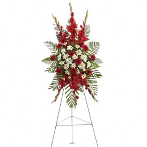 Standing red and white floral spray on an easel
