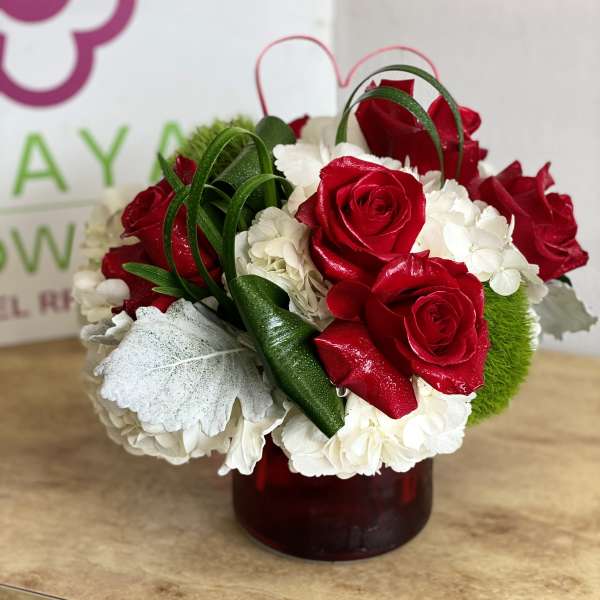 Red roses and white hydrangeas arranged in a red vase