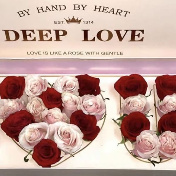 Heart-shaped rose arrangements in red and pale pink with a gift box