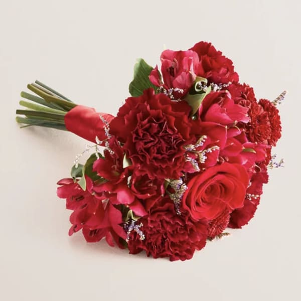 Red bouquet with carnations, roses, and tulips