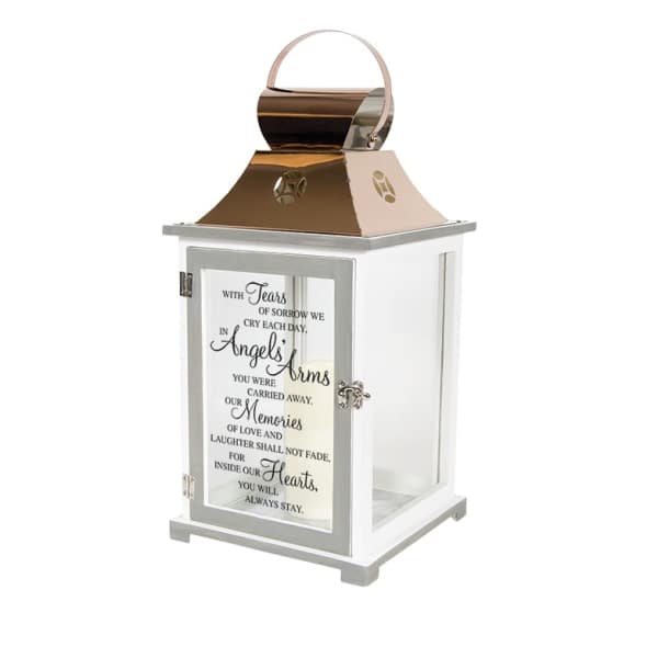 White memorial lantern with a gold top and printed condolence message