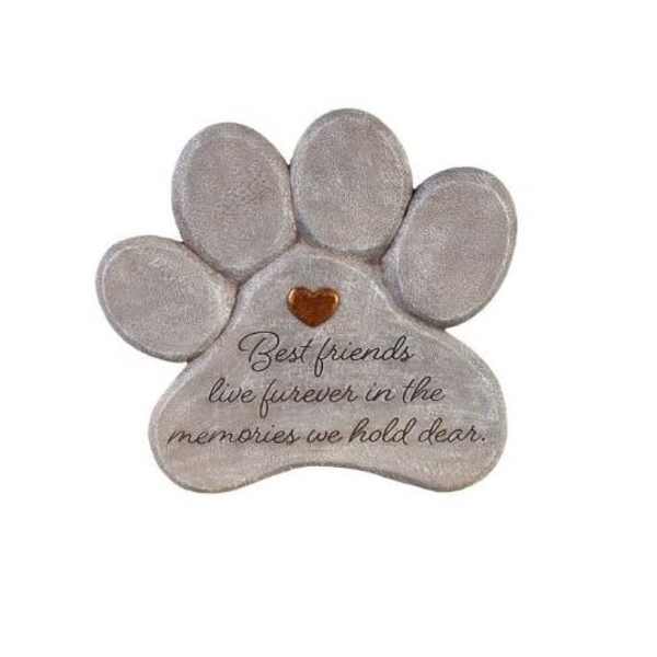 Gray paw-shaped memorial plaque with a small heart accent