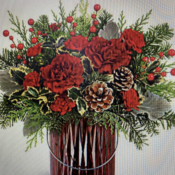 Red carnations and pinecones in a glass vase with evergreen sprigs