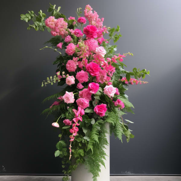 Tall pink floral arrangement with roses and mixed blooms in a white pedestal vase