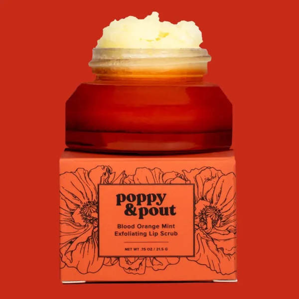 Jar of lip scrub in an orange box with floral line art