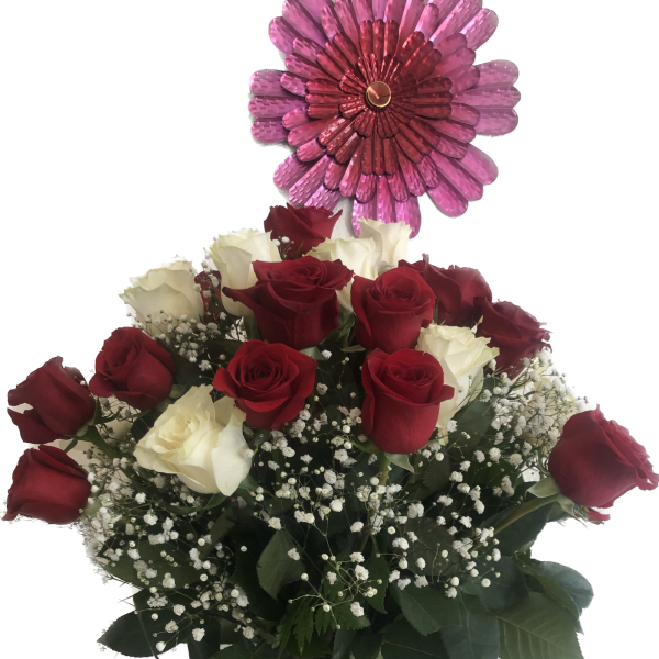 Two dz white and red roses in vase