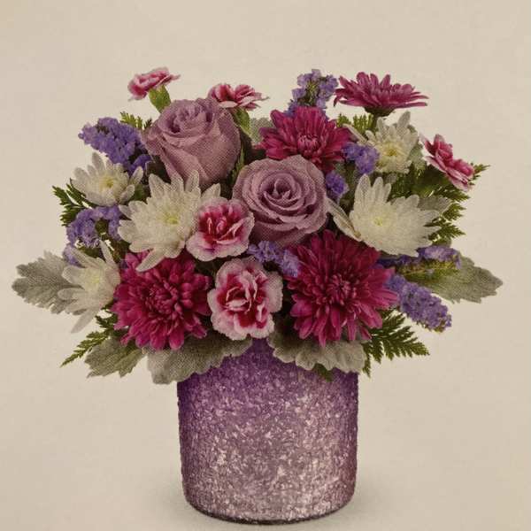 Bouquet of pink, purple, and white flowers in a glittery purple vase
