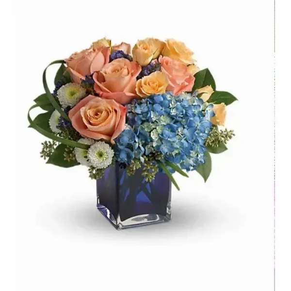 Peach roses and blue hydrangeas in a compact bouquet arranged in a dark blue glass cube vase