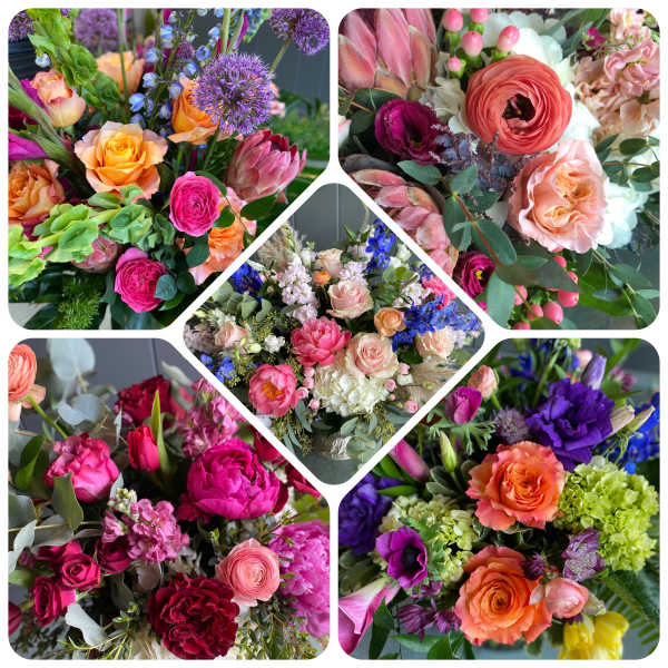 Collage of colorful mixed flower bouquets with roses and ranunculus