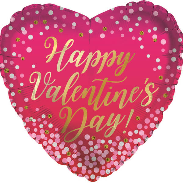 Heart-shaped pink foil balloon with "Happy Valentine's Day" text