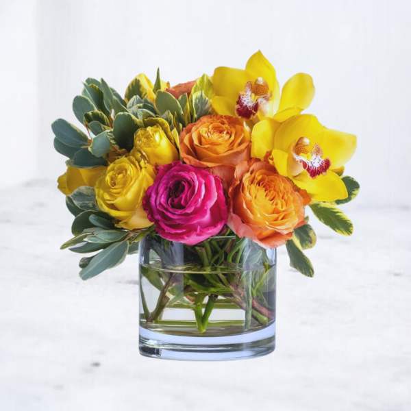 Compact arrangement of yellow orchids and mixed roses in a clear glass cylinder vase