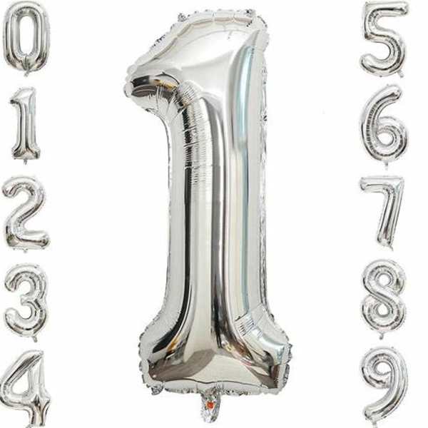 Silver number balloons arranged as 0 through 9 with a large 1 in the center