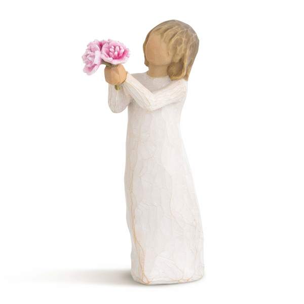 Figurine of a girl holding pink flowers
