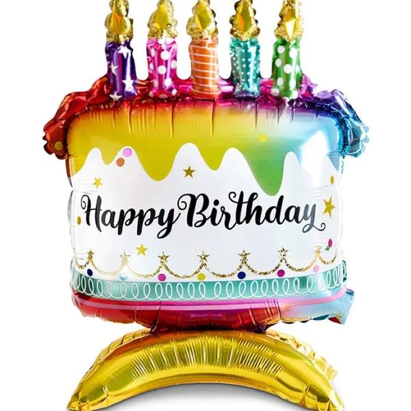 Birthday cake-shaped foil balloon with candles and "Happy Birthday" text