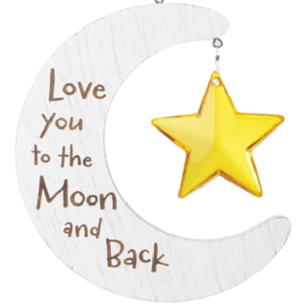 Moon-shaped hanging ornament with a yellow star and "Love You to the Moon and Back" text