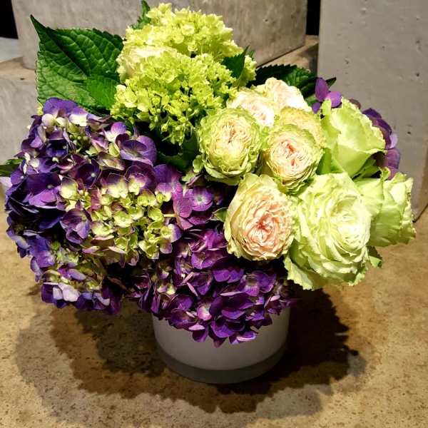 Purple hydrangeas and pale green roses arranged in a white vase