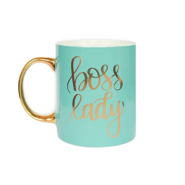 Mint mug with gold handle and "boss lady" text