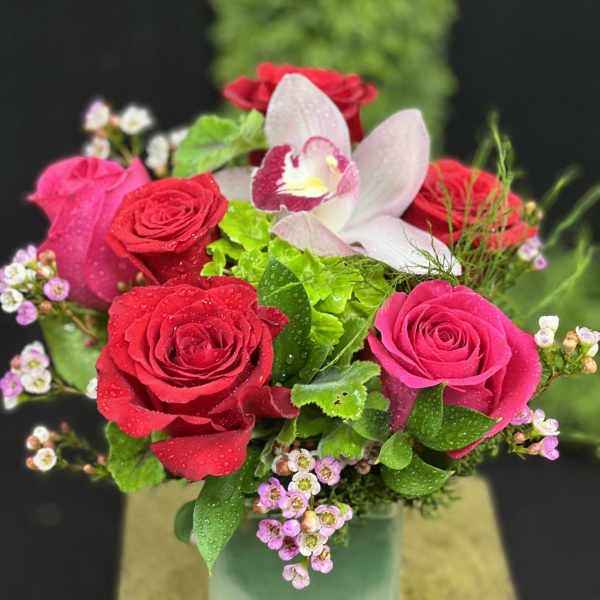 Bouquet of red and pink roses with a white orchid in a square vase